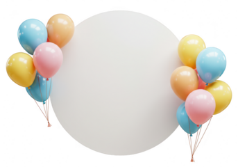 Colorful balloons framing a blank white circle for text isolated on transparent background