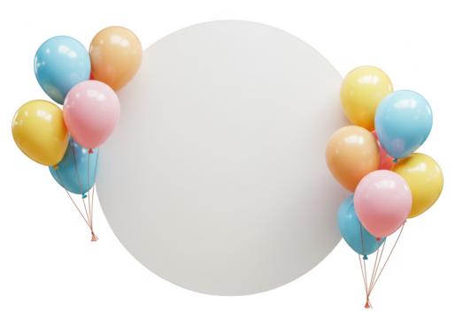 Colorful balloons framing a blank white circle for text isolated on transparent background