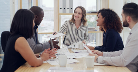 Happy, group and team with documents, boardroom and review of funding approval, talking and meeting. Colleagues, collaboration and smile for investment, accountant and people with paperwork in office