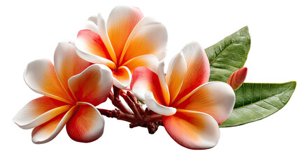 Naklejka premium Vibrant Plumeria Blooms: A close-up shot showcases the delicate beauty of plumeria blossoms, their petals radiating with a gradient of colors and accompanied by lush green leaves.
