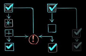 Hand-drawn flowchart with checkboxes, symbols, and an exclamation mark, highlighting a process with conditional steps