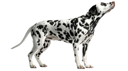 Dalmatian dog posing looking upwards on white background, cut out transparent