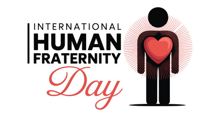 international human fraternity day logo with black figure and radiant red heart symbolizing unity, compassion, love and global solidarity