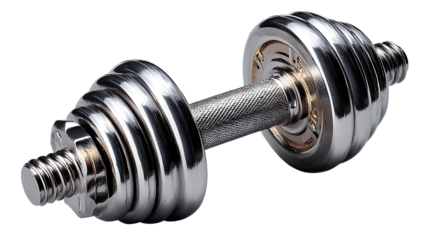 Polished Power: A gleaming, metallic dumbbell, a symbol of strength and fitness, rests with precision, ready for action and poised for the next rep.