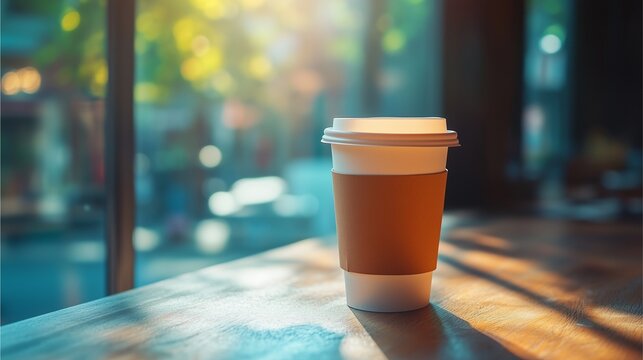 coffee cup take out on a wooden counter with morning sunlight beaming through a window, realistic photography - Powered by Adobe