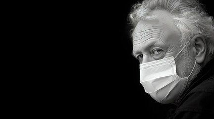 Dramatic black and white photograph of a senior man wearing a protective face mask against a dark, empty background, with ample copy space for text.