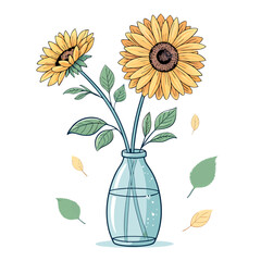 Obraz premium Cheerful sunflowers in a vase, bright and uplifting floral arrangement, perfect for summer greetings or adding a touch of sunshine to any project, originally vector