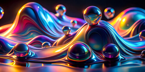 Abstract holographic liquid shapes on dark background