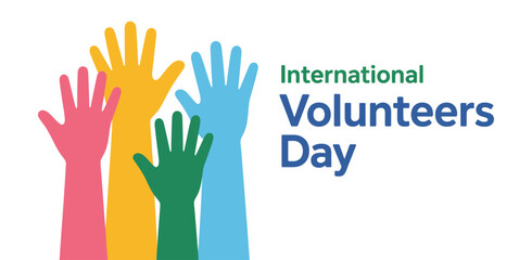international volunteers day logo with multicolored raised hands and bold typography celebrating global service, unity and compassion