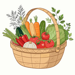 Freshly harvested vegetables overflowing from a charming wicker basket, perfect for healthy recipes, farmers markets, and organic food promotions