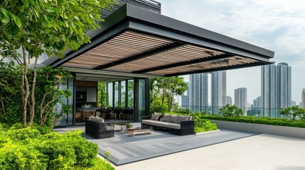 Modern rooftop garden design with slatted roof, party seating and glass room

