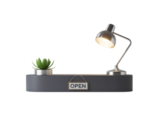 Desk lamp and succulent plant with open sign isolated on a transparent background light