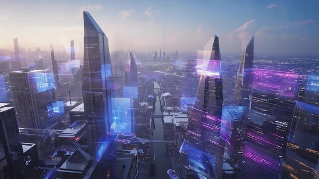 Futuristic cityscape with glowing digital displays - Powered by Adobe