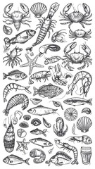 Detailed collection of seafood illustrations