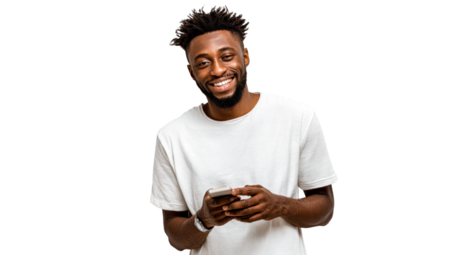 Smiling Black man holding a smartphone and wearing a striped t-shirt, cut out transparent
