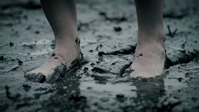 Barefoot exploration Person walking through mud puddle outdoor adventure