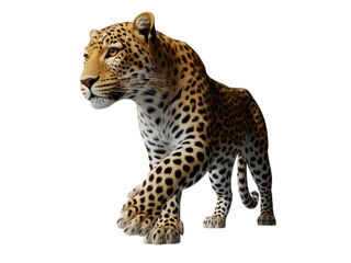 Leopard walking with spotted fur and golden eyes isolated on a transparent background feline