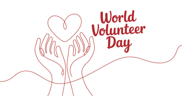 world volunteer day logo with red continuous line hands and heart symbol promoting community service, compassion and global solidarity