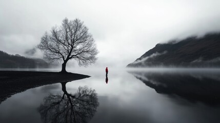 Monochrome photo, extreme wide shot of a tranquil lake, shoreline curves gently from the left to the center, a leafless tree reflected in the still water
