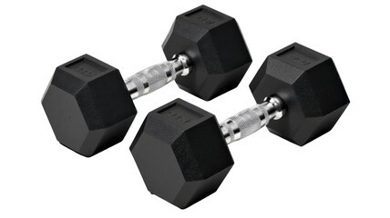 Studio shot of two hexagonal dumbbells resting on a transparent background indicating fitness