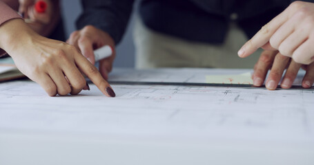 Meeting, engineering or hands of people with blueprint for project, building layout or teamwork. Construction, architecture or contractors with ruler for property design, collaboration or floor plan