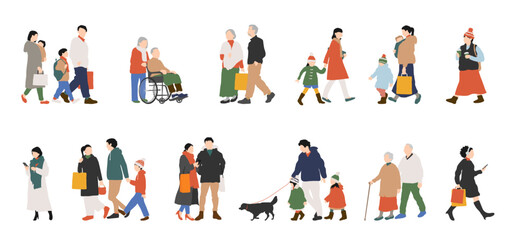 冬服の男女・家族・高齢者の買い物イラストセット/Winter Shopping People Set – Neutral Colors, No Background