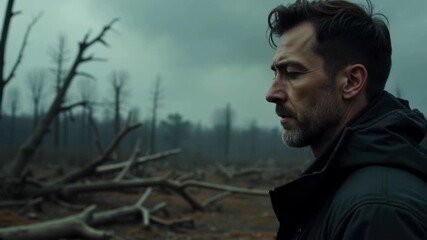 A pensive man stands in a barren landscape, reflecting on a challenging situation.