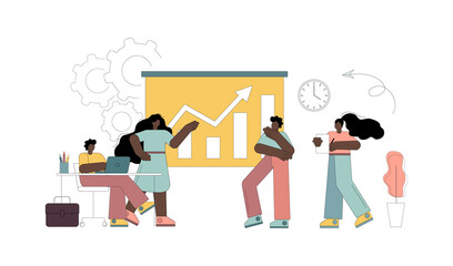 Team thinking and brainstorming. People make a plan, analyze data, work together. Vector flat illustration