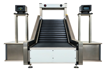 Airport security checkpoint baggage scanner with conveyor belt isolated with transparent background