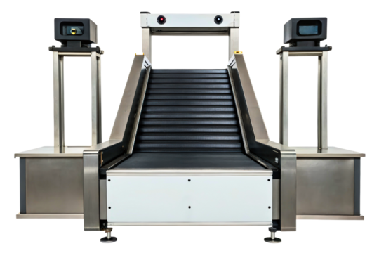 Airport security checkpoint baggage scanner with conveyor belt isolated with transparent background - Powered by Adobe