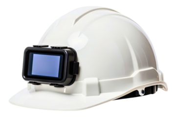 White industrial safety helmet with protective welding shield isolated with transparent background