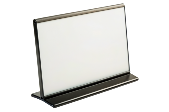 Black tabletop sign holder with blank white space for text isolated with transparent background