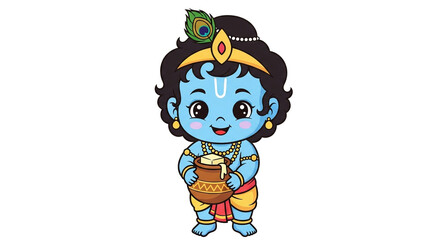 Cute Chibi Baby Krishna with Butter Pot | Hindu God Cartoon Graphic

Little Krishna Adorable Vector Illustration | Janmashtami Art

Kawaii Blue-Skinned Krishna Holding Butter | Indian Mythology Icon
