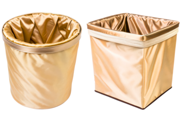 Round and square collapsible storage bins in golden satin fabric isolated with transparent background