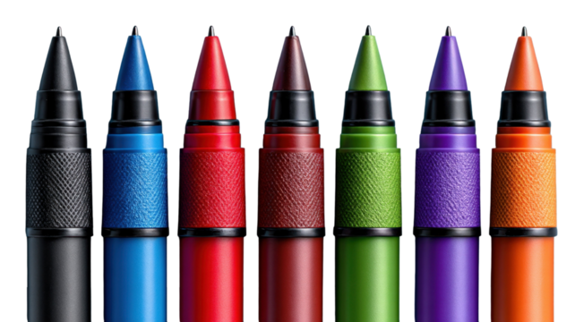 A colorful array of pens on a transparent background showcasing artistic expression and creativity
