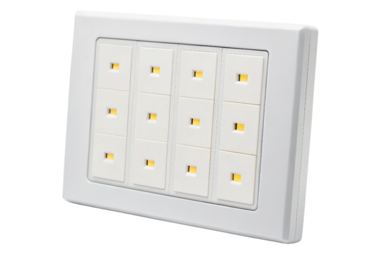 Modern smart home control panel with twelve programmable buttons isolated with transparent background