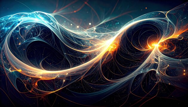 An ethereal illustration shows luminous energy strands of blue and gold gently swirling on a dark backdrop, representing the flow of innovation and creation.