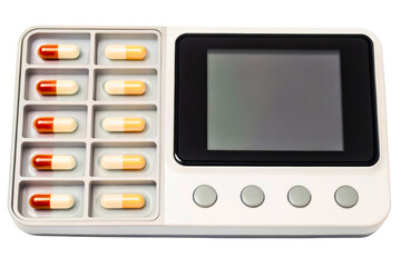Automatic pill dispenser with digital screen for medication management isolated with transparent background