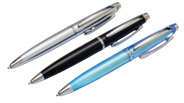 Elegant pens set on transparent background offering variety and style for writing tasks