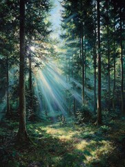 Obraz premium Sunlight streams through a dense forest (2)