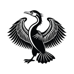 Elegant line art illustration of a great cormorant drying its wings on a white background