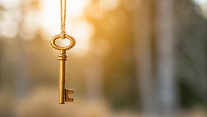 Golden key suspended on string &mdash; representing success, access, and achievement
