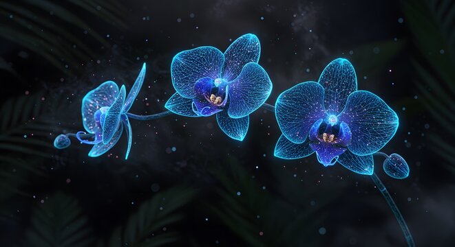 Glowing blue orchids with a magical and ethereal atmosphere in the dark