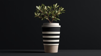 Plant growing from striped coffee cup on dark background, sustainable concept