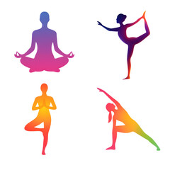 Four colorful yoga poses isolated on transparent background