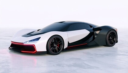 Futuristic white and black sports car with red accents, sharp lines, red light strip, and black wheels with red brake calipers&mdash;set against a plain light background.