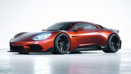 Metallic red sports car with low profile, aerodynamic body, black wheels, and blue-lit headlights—highlighted against a clean white background.