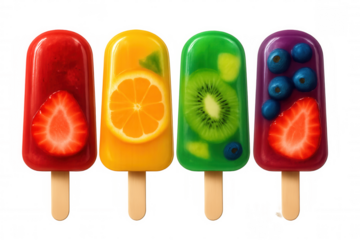 Fruity popsicles featuring strawberry, orange, kiwi, blueberry blending vibrant colors against transparent backdrop