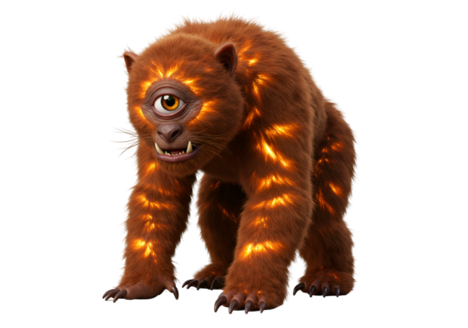 Creative fantasy creature with feline features and a single large eye on a dark background