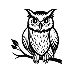 Elegant line art illustration of a great horned owl perched majestically on a textured tree branch